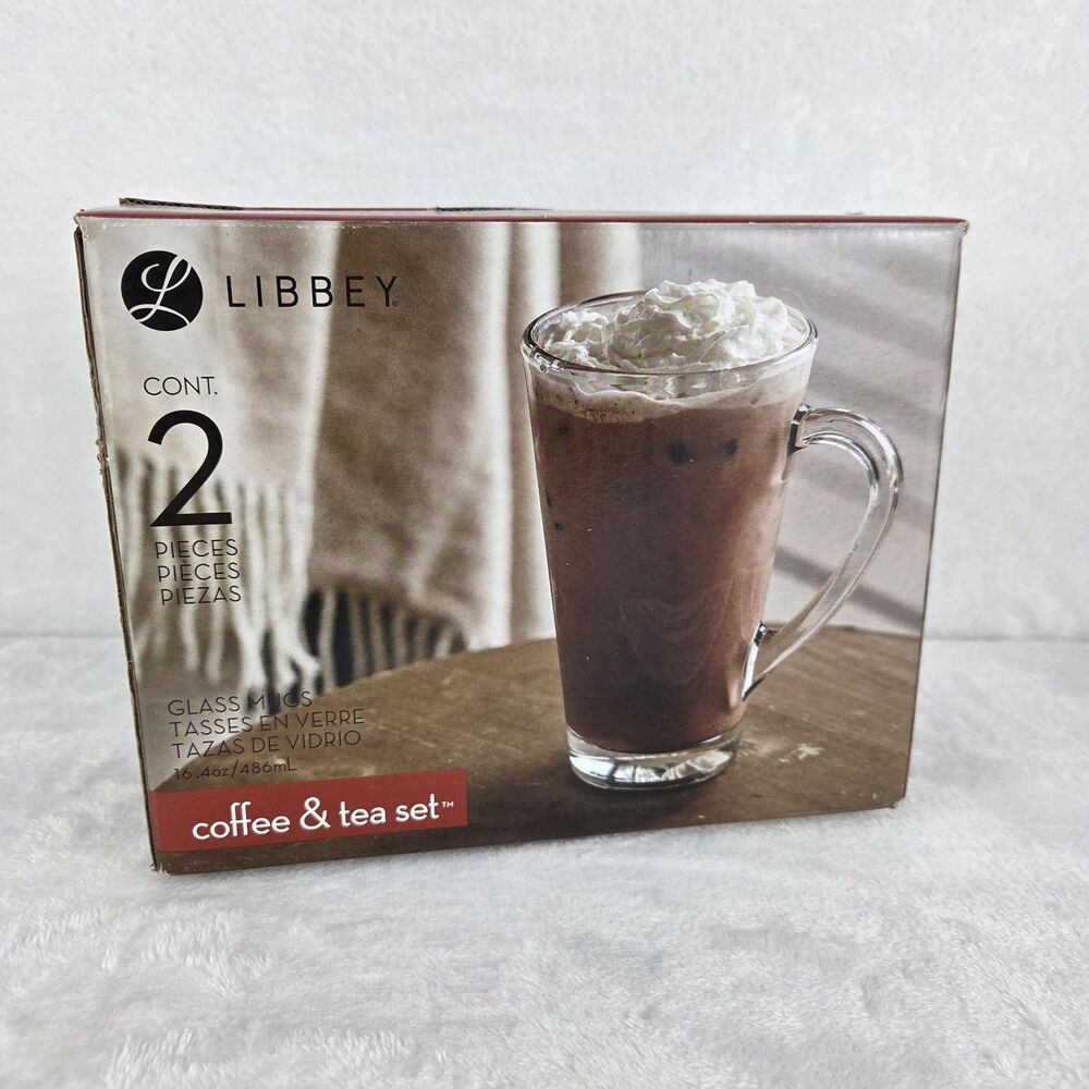 Libbey Coffee & Tea Glass Mug Set 16.4 Oz Clear Glass 2 Piece Open Box